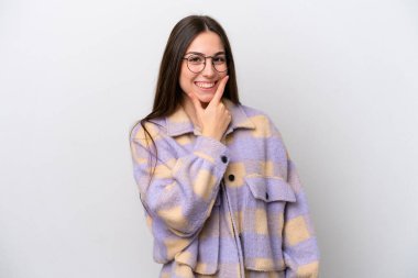 Young girl isolated on white background happy and smiling