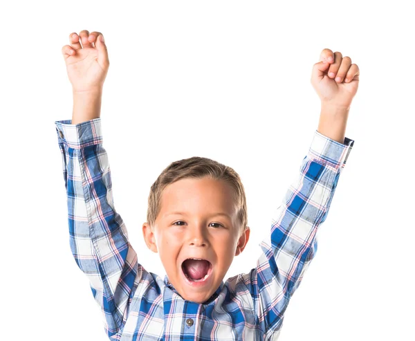 Niño con sombrero de Navidad sosteniendo un gran regalo rojo — Foto de Stock