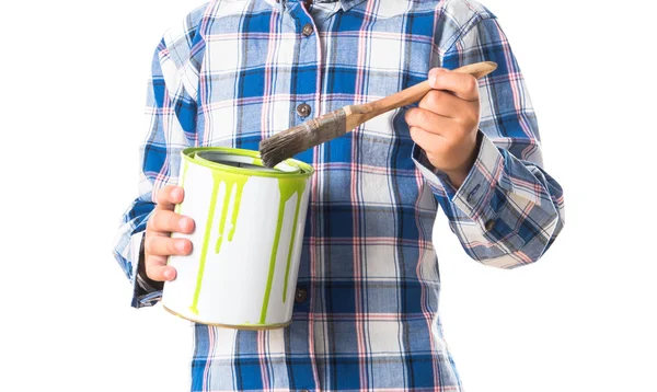 Ragazzo con in mano un vaso di vernice — Foto Stock