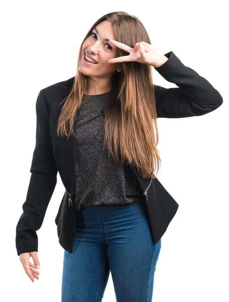 Ragazza che fa il gesto della vittoria con i capelli sul viso — Foto Stock