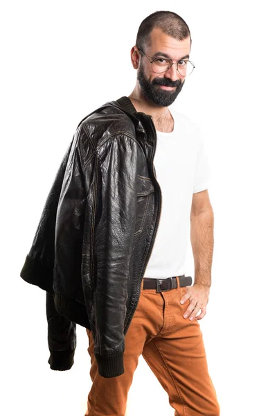 Homem usando uma jaqueta de couro — Fotografia de Stock