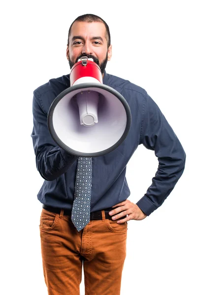 Hombre gritando por megáfono — Foto de Stock