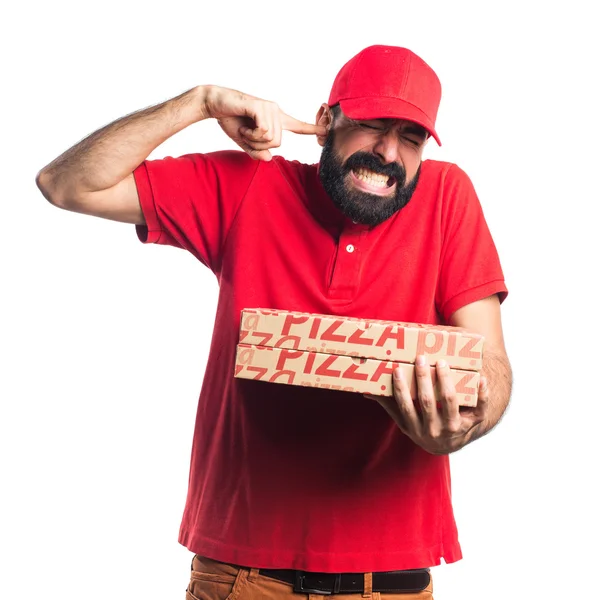 Pizza levering man gek gebaar maken — Stockfoto