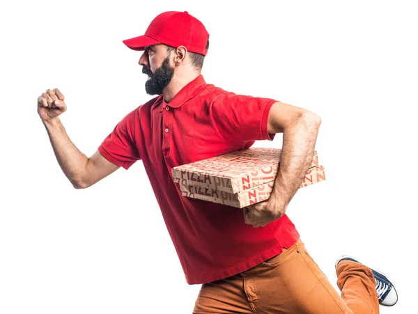 Rozvoz pizzy muž běží rychle — Stock fotografie