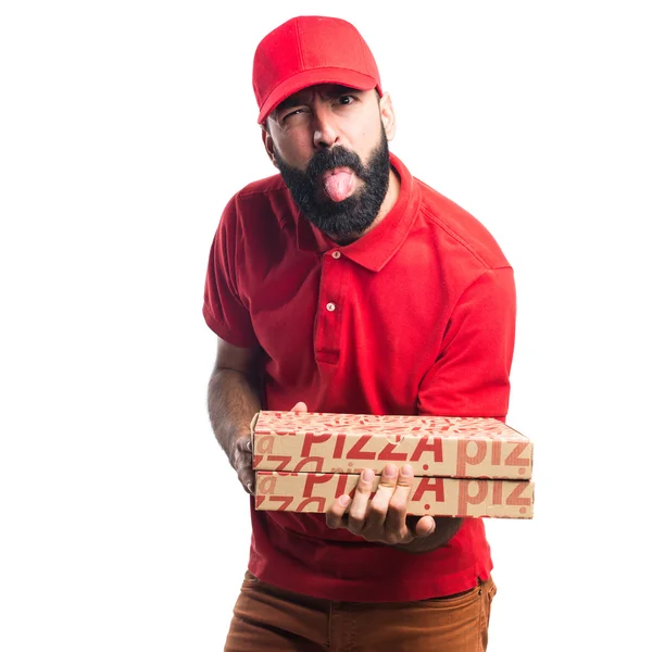 Entrega de pizza homem fazendo uma piada — Fotografia de Stock