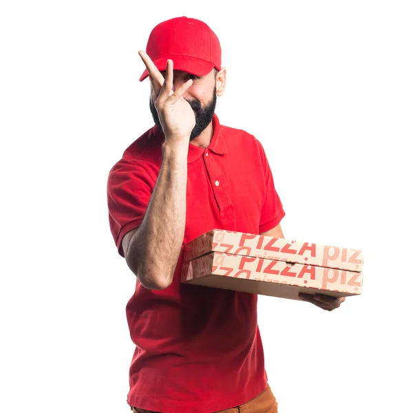 Entrega de pizza homem fazendo uma piada — Fotografia de Stock