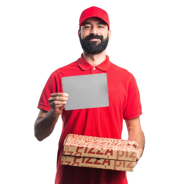 Pizza delivery man holding an empty placard 