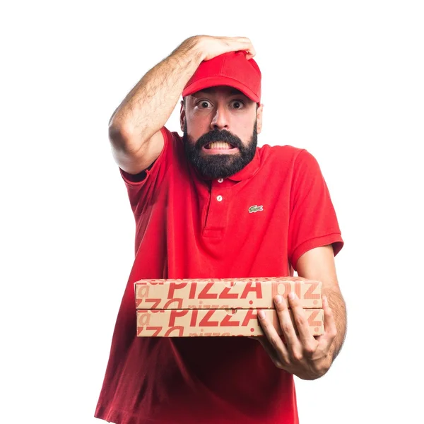 Homem de entrega de pizza fazendo gesto surpresa — Fotografia de Stock