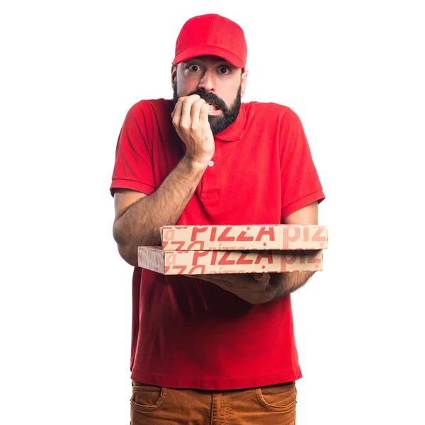 Korkmuş Pizza teslimi adam — Stok fotoğraf