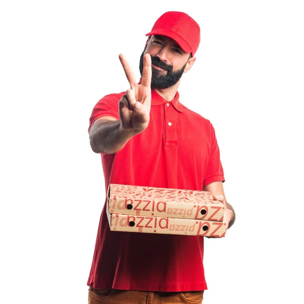 Pizza consegna uomo facendo gesto vittoria — Foto Stock