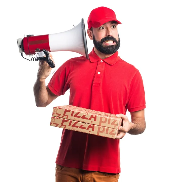 Entrega de pizza homem gritando por megafone — Fotografia de Stock
