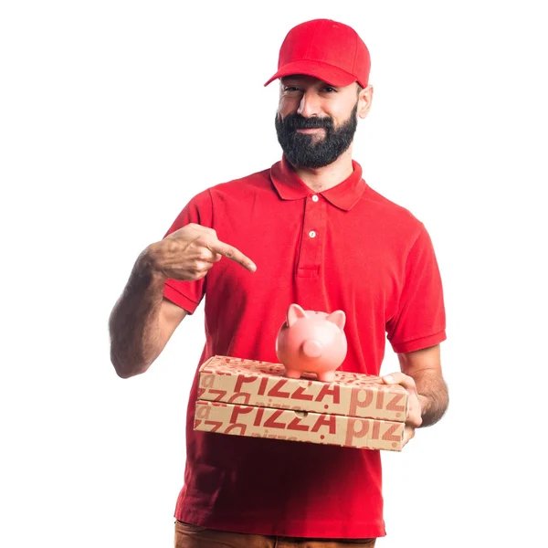 Entrega de pizza homem segurando um mealheiro — Fotografia de Stock