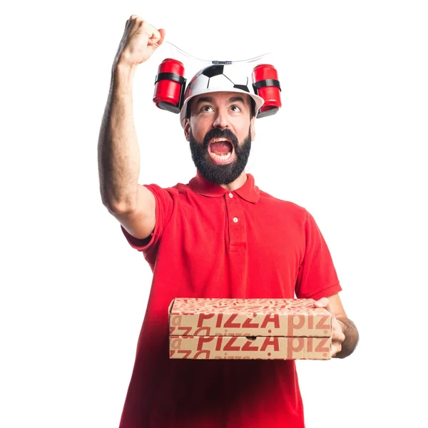 Pizza teslimi adam zafer jest yapıyor — Stok fotoğraf
