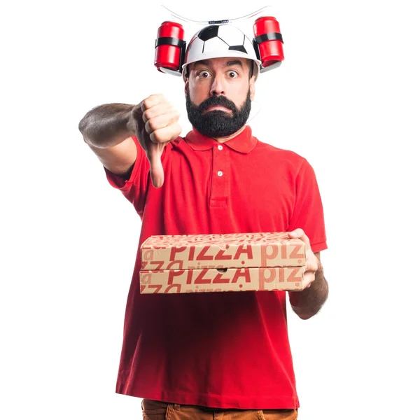 Pizza levering man doen slecht signaal — Stockfoto