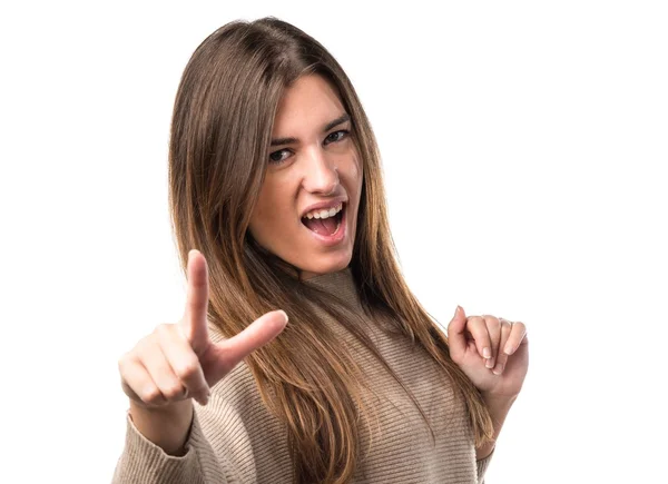 Girl shouting and pointing front — Stock Photo, Image