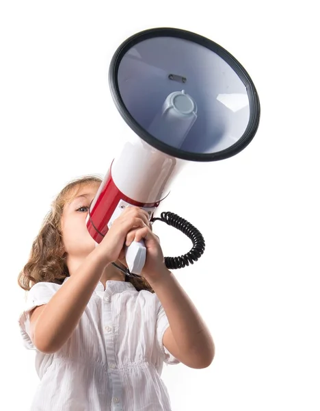 Menina gritando por megafone — Fotografia de Stock