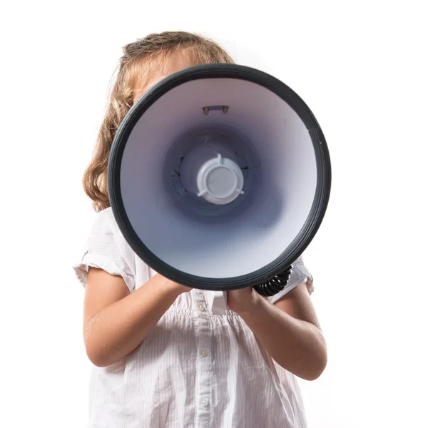 Menina gritando por megafone — Fotografia de Stock