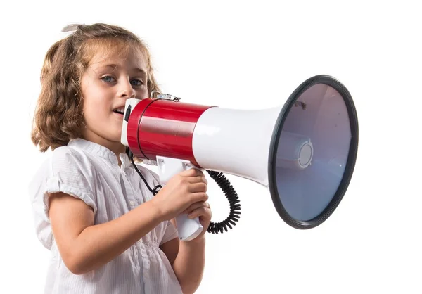 Menina gritando por megafone — Fotografia de Stock