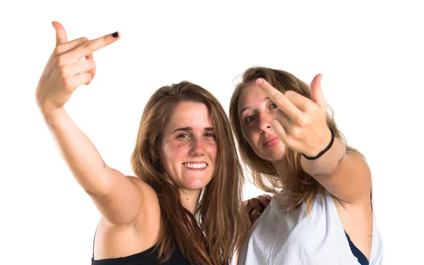 Dois amigos fazendo gesto chifre — Fotografia de Stock