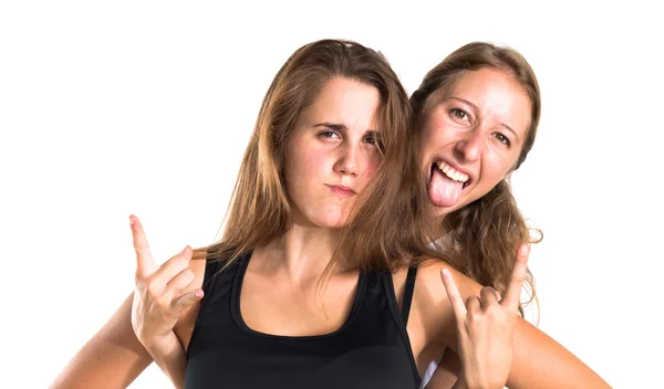 Two friends making horn gesture — Stock Photo, Image