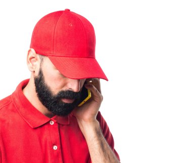 İçin mobil konuşan pizza teslimi adam