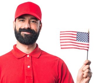 Pizza teslimi adam Amerikan bayrağı tutarak