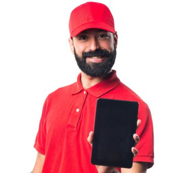 Pizza teslimi adam bir tablet holding