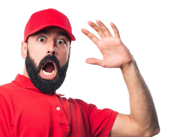 Rozvoz pizzy muž dělá gesto překvapení — Stock fotografie