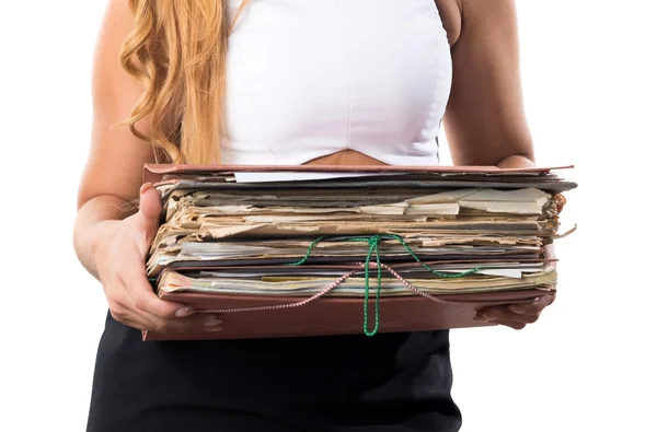 Business woman holding several college notes — Stock Photo, Image