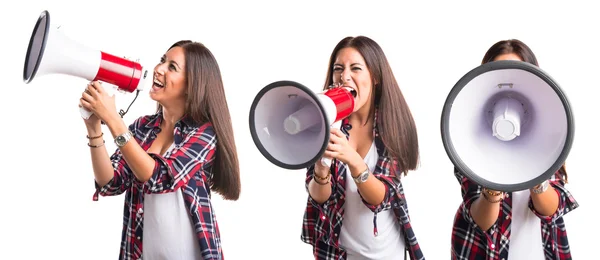 Woman shouting by megaphone — Stock Photo, Image