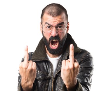 Erkek deri ceket boynuz jest yapma ile