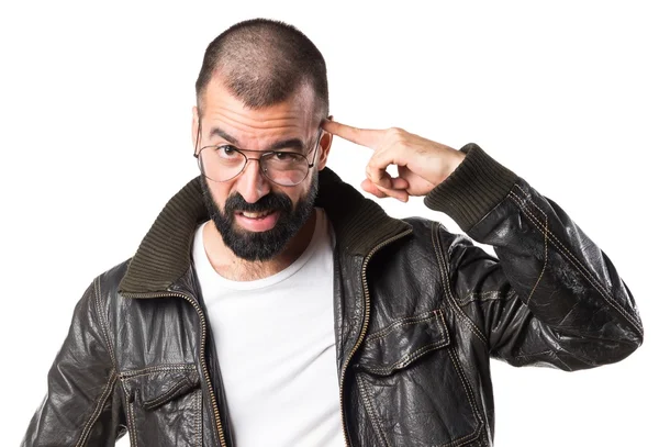 Muž s koženou bundu crazy gesto — Stock fotografie