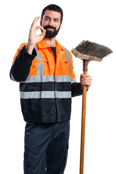 Garbage man making OK sign — Stock Photo, Image