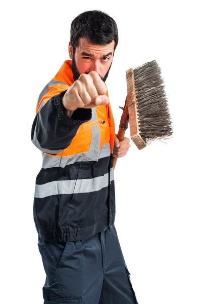 Spazzatura uomo dando un pugno — Foto Stock