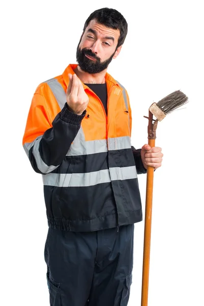 Spazzatura uomo facendo un gesto di soldi — Foto Stock