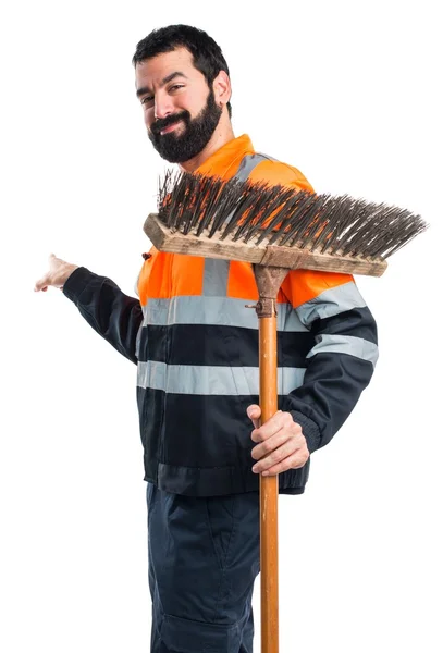 Garbage man pointing back — Stock Photo, Image