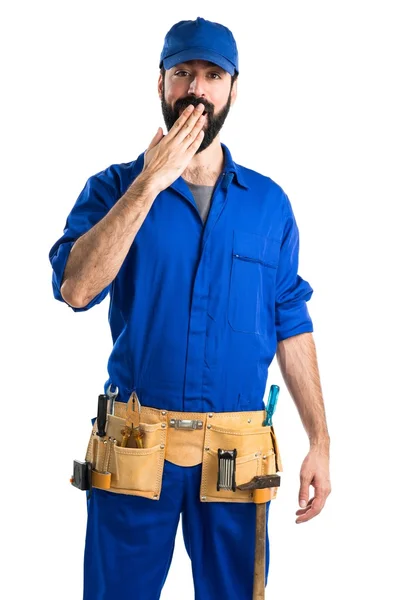 Plumber doing surprise gesture — Stock Photo, Image