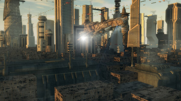 Spaceship and futuristic city