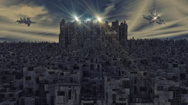 Şehir içinde futuristik uzay gemisi 