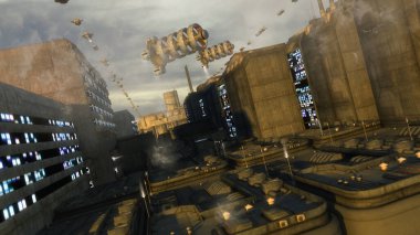 3D görüntüleme. Gelecekçi şehir ve uzay gemileri