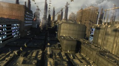 3D görüntüleme. Gelecekçi şehir ve uzay gemileri