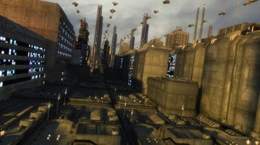 3D görüntüleme. Gelecekçi şehir ve uzay gemileri