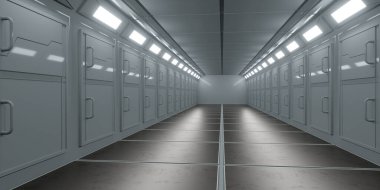 3 boyutlu görüntüleme. Geleceğin koridoru. Modern mimari ve iç uzay gemisi kavramı