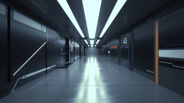 3d render. Futuristic hallway. Concept of modern architecture and interior spaceship