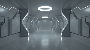 3 boyutlu görüntüleme. Geleceğin koridoru. Modern mimari ve iç uzay gemisi kavramı