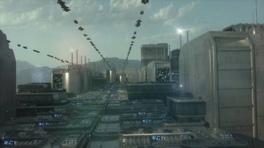 3D görüntüleme. Gelecekçi şehir ve uzay gemileri