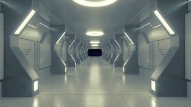 3 boyutlu görüntüleme. Geleceğin koridoru. Modern mimari ve iç uzay gemisi kavramı