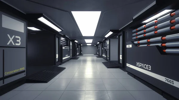 3d render. Futuristic hallway. Concept of modern architecture and interior spaceship