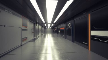 3 boyutlu görüntüleme. Geleceğin koridoru. Modern mimari ve iç uzay gemisi kavramı