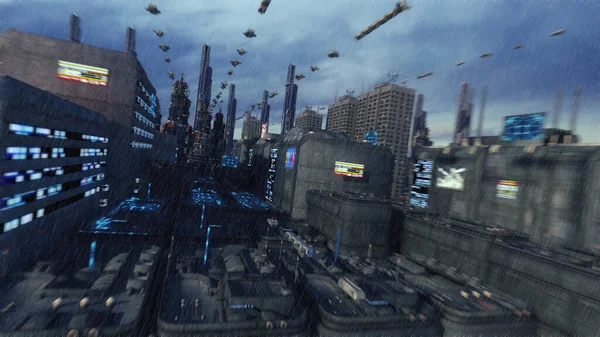 3D渲染 未来的城市和宇宙飞船 — 图库照片